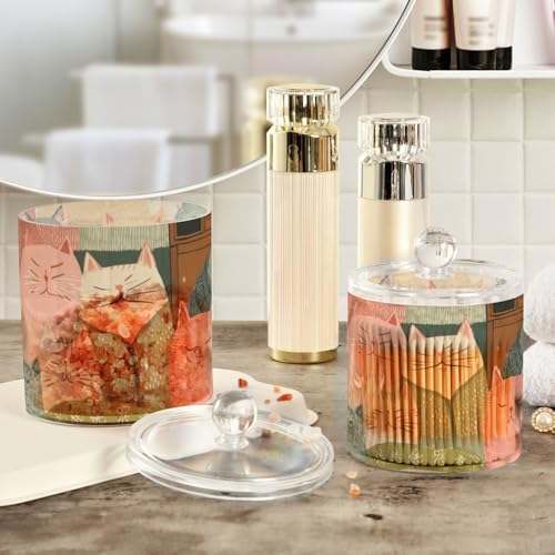 Orange Pink Cat Qtip Holder Waterproof Dustproof Apothecary Jars with Lids For Bathroom Cotton Swabs Makeup Sponges Floss Picks Bath Salts 2 Pack - Image 4
