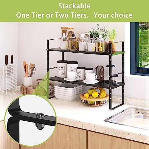 Across-Star Expandable Cabinet Shelf Organizer Rack, Stackable Kitchen Countertop Organizer Storage Shelves, Adjustable Height Pantry Counter Shelf Riser Spice Rack (Black, 2 Pack) - Image 4