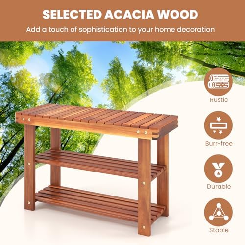 Tangkula Acacia Wood Shoe Rack Bench, 3 Tier Sturdy Storage Organizer, Holds up to 180lbs for Entryway Bedroom Living Room Balcony, Teak Color (27.5-inch) - Image 5