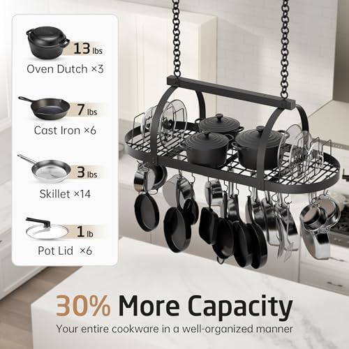 KES 48 Inch Large Ceiling Pot Rack with Lid Organizer, Oval Heavy Duty Hanging Pot Rack Ceiling Mount for Kitchen Over Island, Cast Iron Pan Hanger with 20 Hooks, 16" & 24" Joist Mount, Matte Black - Image 2