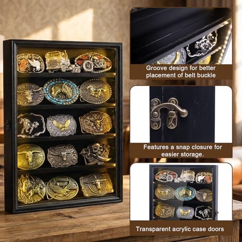 Belt Buckle Display Case, 5 Belt Buckle Holders Included, 17x12 Black Shadow Box with LED Light, Wall-Mounted Men's Belt Clip Storage Box, Lockable - Image 3