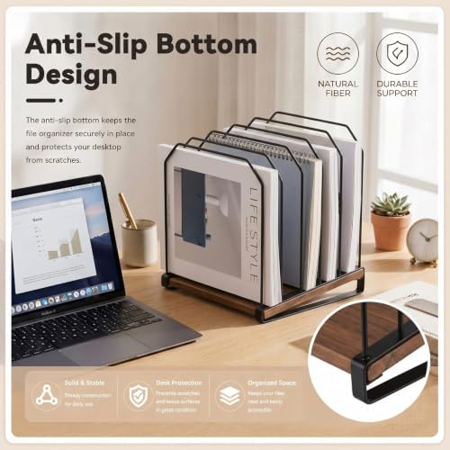 2 Pcs 5 Section Inclined Vertical Desk File Organizer Metal Frame Wood Base - Image 6