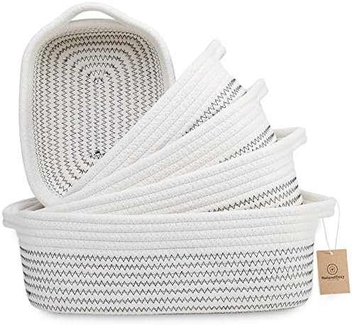 NaturalCozy 5-Piece Rectangle Storage Basket Set- Natural Cotton Rope Woven Baskets for Organizing! Small Basket for Montessori, Baby Nursery, Dog Toy Baskets, Cat Toy Box, Bathroom Organization Bin by NaturalCozy