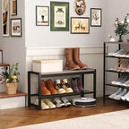 HOMEFORT 2 Tiers Shoe Bench, Retro Industrial Shoe Storage Bench with Mesh Shelf and Sturdy Metal Frame, Metal Shoe Rack Bench for Hallway, Mudroom, Living Room, Washed Gray - Image 5