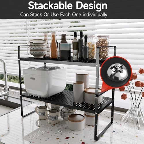 2Pcs Expandable Cabinet Countertop Shelves, 16.5''-27''L, Black - Image 5