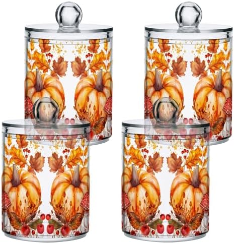 MNSRUU 4 Pack Qtip Holder Organizer Dispenser Autumn Pumpkin Bathroom Storage Canister Cotton Ball Holder Bathroom Containers for Cotton Swabs/Pads/Floss - Image 7