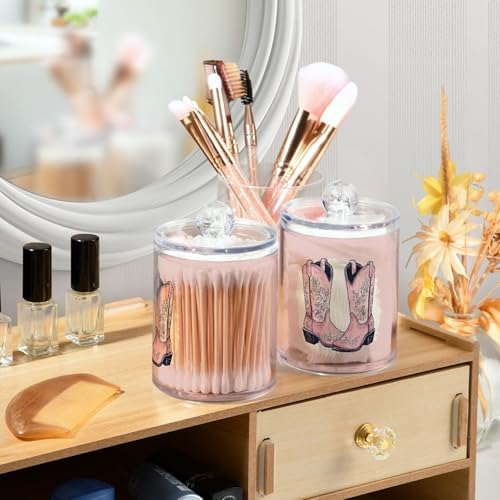 Fustylead 4 Pack Pink Cowgirl Boots with Ornament Plastic Apothecary Jar Set for Cotton Swab, Ball, Pad, Floss, Qtip Holder Dispensers for Bathroom Storage Organizer - Image 5