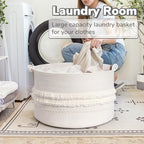 CherryNow 90L Large Woven Rope Blanket Basket with Tassel, 22" x 14", White - Image 5