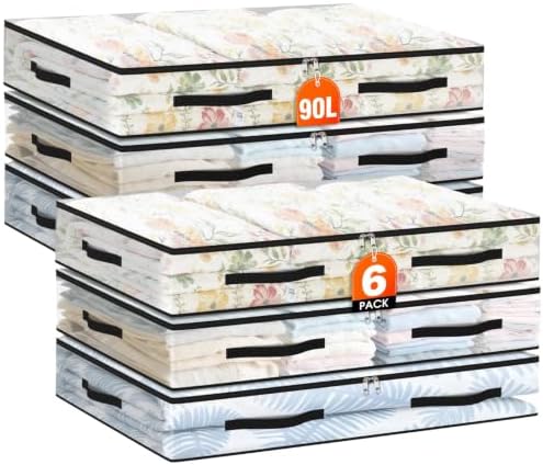 6 Pack Under Bed Storage Bags, 90L Foldable Clear Containers with Handles by Unknown
