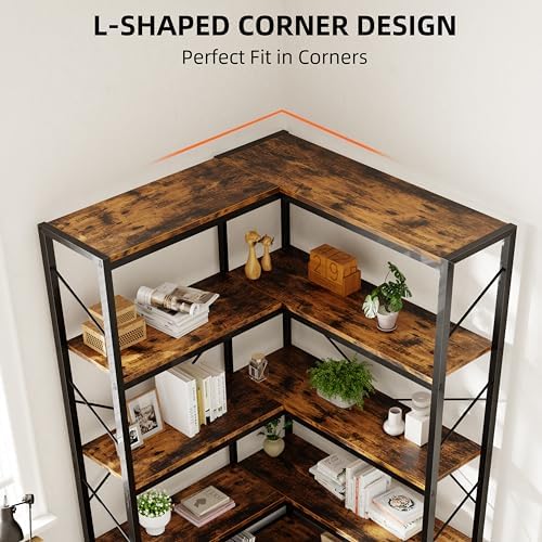 Shintenchi 5 Tier Corner Bookshelf, L Shaped Large Bookcase, Rustic Brown - Image 5