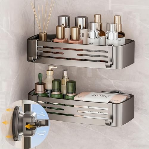 2Pcs Suction Cup Shower Caddy,Upgrade Extra-Strong Suction Shower Shelves with Hooks,No Drilling Waterproof & Rustproof Bathroom Organizers and Storage,Reusable Shower Racks for Shampoo and Toiletries by ONXEBornforqualityNeverWasteYourMoney