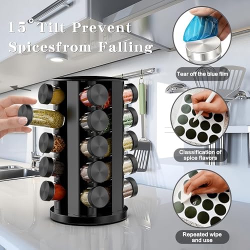 Handisen Rotating Spice Rack Organizer for Cabinet, Spice Racks Storage with 20 Jars, Spinning Spice rack for Kitchen Countertop, Spice Holder,Seasoing Storage Racks, Black - Image 4
