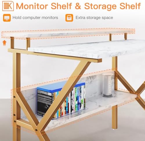 ODK 27.5 Inch Small Desk with Storage & Monitor Stand, White Marble - Image 4