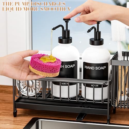 Kitchen Soap Dispenser Set with Sponge Holder and Towel Rack, 17OZ Glass Bottle, Hand and Dish Soap Dispenser Set, Non-Slip Silicone Pad, Brush Holder, Kitchen Sink Caddy Organizer Countertop (White) - Image 2