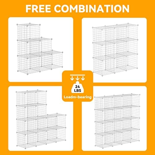 HUBSON Wire Cube Storage Organizer, Book/Toy/Craft/Potted Plants and Pet Closet Organizers, 16-Cube Freely Combinable Metal Grid Storage Shelf, White Iron - Image 4