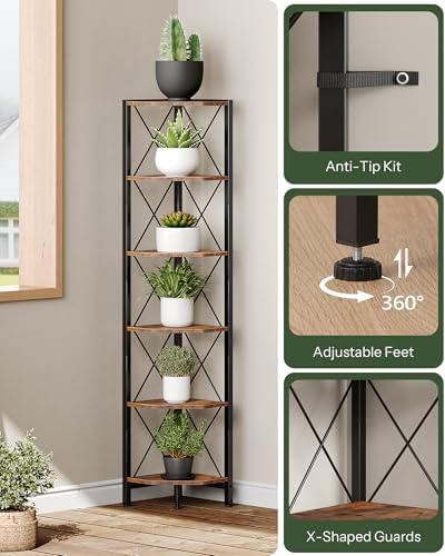 CHOEZON 6-Tier Corner Shelf, Corner Bookcase, 66.9" Tall Vertical Display Rack, Plant Stand, Open Storage Shelf, for Living Room, Bedroom, Study, Kitchen, Rustic Brown and Black TCJ13BF - Image 4