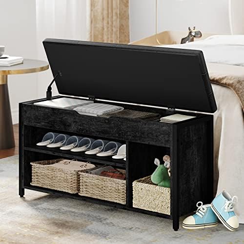 Shoe Bench, Lift Top Shoe Storage Bench, Adjustable Shelf Entryway Bench, Metal and Wood Shoe Rack Organizer with Cushion for Entry, Bedroom, Closet, Living Room, Hallway (Black, 35.5" W) - Image 6
