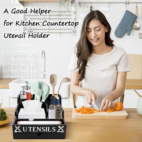 Kitchen Utensil Holder with Drawer, Farmhouse Spatula Organizer for Countertop,Large Capacity Flatware Spoon Forks Knives Cooking Tool Cutlery Holder for Party Picnic BBQ with 11 Compartments(Black) - Image 6