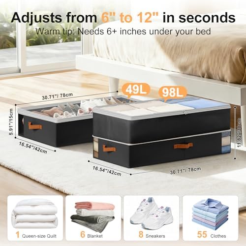 Under Bed Storage Bins - 98L Height-adjustable Under Bed Storage Containers, Compression Blanket Storage Comforter Storage Sweater Storage, Clothes Storage Bins With Clear Window, 2 Pack Black - Image 2