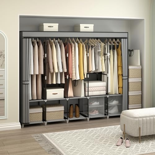 MOGELAFOO 83 Inch Wide Portable Closet Wardrobe, Clothes Storage Rack Organizer with Cover, 5 Clothes Hanging Rods and 10 Storage Shelves, Grey - Image 7