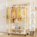 Double Rod Clothing Rack with 2 Shelves, Rolling, White - Image 7