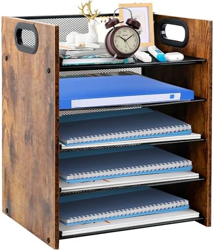 Desk Organizer - 5-Tier Desktop File Organizer, Wooden Paper Tray Organizer, Office Desk Organzier and Accessories for Papers, Mail, Notebooks, Stationery by BOERSHUN