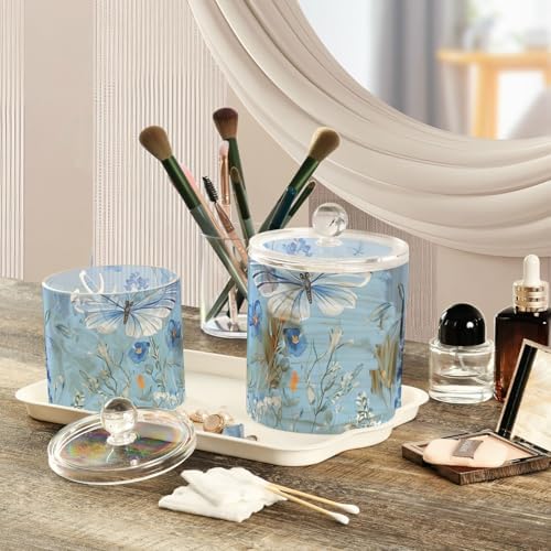 Light Blue Floral Bluebonnet Butterflies Qtip Holder Waterproof Dustproof Apothecary Jars with Lids For Bathroom Cotton Swabs Makeup Sponges Floss Picks Bath Salts 2 Pack - Image 5