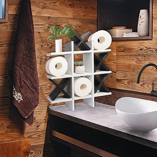 GENMOUS Handmade Tic Tac Toe Toilet Paper Holder For Black and White Bathroom Decor, Funny Wall Mounted Free Standing Toilet Tissue Paper Storage For Kids Guest Restroom Farmhouse Bathroom Decor White - Image 3