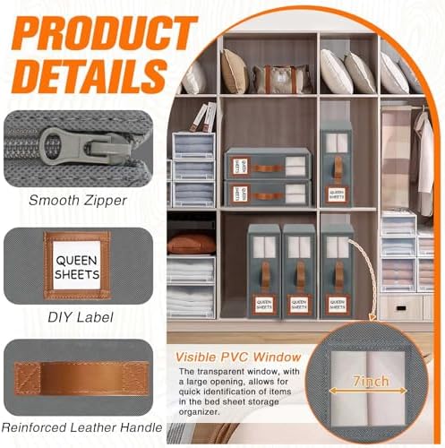 GhvyenntteS 12 Pack Bed Sheet Organizers and Storage, Sturdy Bed Sheet Organizer with Zipper and Handle, Foldable Linen Closet Organizers and Storage with Window and Label, Grey - Image 4
