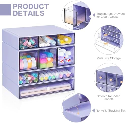 Desk Storage Organizer with 9 Drawers, 4 Tiers Stackable Desktop Craft Storage Drawers, Clear Storage Box Caddy for Stationary Makeup Jewelry Office Craft Supplies (Purple) - Image 4