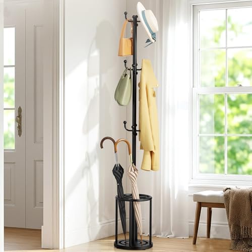 Coat Rack Freestanding, Black Coat Rack with Umbrella Holder, standing hat rack umbrella stand for entryway, coat hanger stand with 12 Hooks, office coat tree for Hat, Umbrella, jacket, Bag, Clothes by OFIDELITY