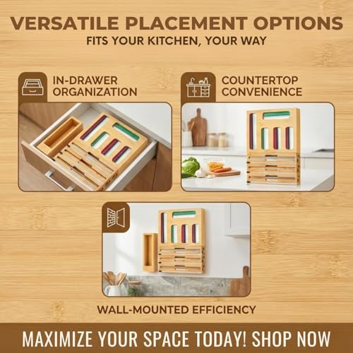 9 in 1 Storage Bag Organizer for Kitchen Drawer, Bamboo Foil and Plastic Wrap with Cutter, Ziplock Bag Organizer for Quart, Gallon, Sandwich & Snack Bags - Aluminum Foil Organizer - Image 4
