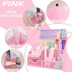 Pink Office Supplies, 17Pcs Pink Desk Accessories Set Include Stapler, Mesh Desk Organizer, Tape Dispenser, Staple Remover, Pen Holder, Clips, Pens, Ruler, for Office Home School Women Students Gift - Image 5
