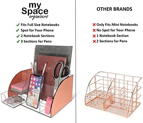My Space Organizers Rose Gold Desk Organizer, Acrylic, 9 Compartments, Office Supplies Desk Accessories Organizer with Drawer, Pen Holder, Office Decor Desktop Organization (Rose Gold) - Image 5