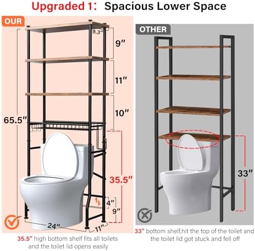 Over-The-Toilet Storage Shelves, 4-Tier Bathroom Organizer Shelf Over Toilet with Adjustable Feet Pad and Basket, Freestanding Space Saver Bathroom Storage Rack Above Toilet (Vintage Brown) - Image 2