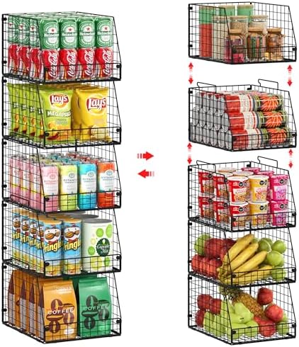 5 Pack XXL Stackable Wire Storage Basket, Extra Large Capacity Pantry Organizer and Storage, Muti-Purpose for Fruit Vegetable Basket & Toy Bin & Snack Organizer by Jakyitvi
