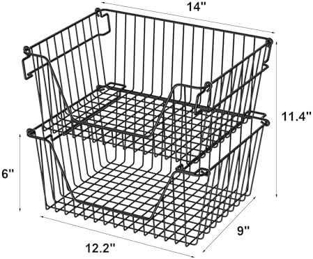 Stackable Wire Metal Baskets Sturdy Cabinet Organizer Wire Pantry Freezer Bin with Handle for Home Bathroom Kitchen Fruit Vegetable Organization, Black, 2Packs - Image 3