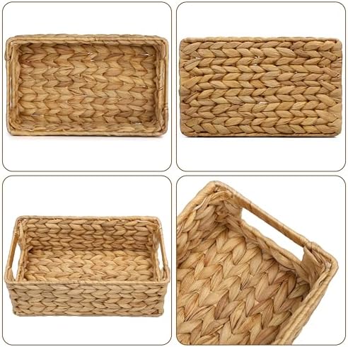 4 Small 3.6 QT Water Hyacinth Wicker Baskets for Shelves, 10" Long Woven Pantry Organizers and Storage Basket, Decorative Ratten Shallow Rectangle Baskets for Organizing Countertop Bathroom - Image 5