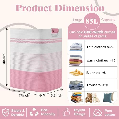 Laundry Hamper, 85L Tall Laundry Basket with Leather Handles, Rectangle Large Clothes Hamper for Organizing, Cotton Woven Laundry Baskets Storage Hampers for Bedroom, Nursery, Living Room - Image 4