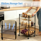 Pantry Organizer and Storage Shelves Kitchen Cart for Fruit Vegetables, 3 Tier Utility Cart with Wheels, Onion Potato Storage Basket Thicken Metal Trolley for Laundry Bathroom, Black - Image 2