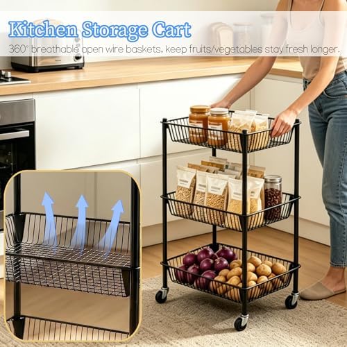 Pantry Organizer and Storage Shelves Kitchen Cart for Fruit Vegetables, 3 Tier Utility Cart with Wheels, Onion Potato Storage Basket Thicken Metal Trolley for Laundry Bathroom, Black - Image 2