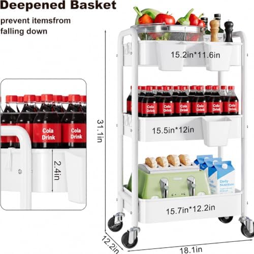 3 Tier Heavy Duty Metal Rolling Storage Cart Organizer with Wheels, White - Image 2