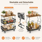 Fruit and Vegetable Storage, 2 Pack 3 Tier Fruit Basket with Wooden Top Table Kitchen Pantry Storage Bins and Organizers, Stackable Metal Rolling Cart for Vegetable Snacks Drinks Onion Organization - Image 7