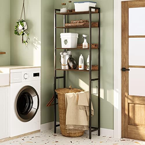 MAHANCRIS Over The Toilet Storage Rack, 4 Tier Bathroom Organizer Over Toilet, Freestanding Space Saver Toilet Stand with 2 Hooks, Bathroom Storage Shelf, Easy to Assemble, Rustic Brown TSHR0401Z - Image 6