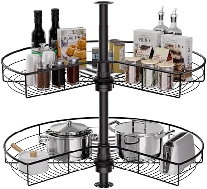 Corner Cabinet Lazy Susan, HANKEY Kitchen Corner Cabinet Organizer with 360° Rotating Metal Turntable，2-Tier Kidney-Cut Shaped Lazy Susans with 22.3~31.1in Height Adjustment,Black by HANKEY