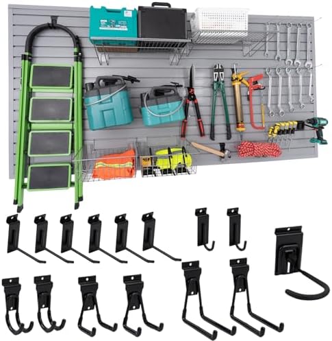 FRAYSCENT Slat Wall Paneling Garage Slat Wall Storage Systems Slatwall Panels Power Tool Organizer Wall Mount, PVC Garage Storage & Organization Products Slate Board (Grey, 4ft x 8ft with 15 Hooks) by FRAYSCENT