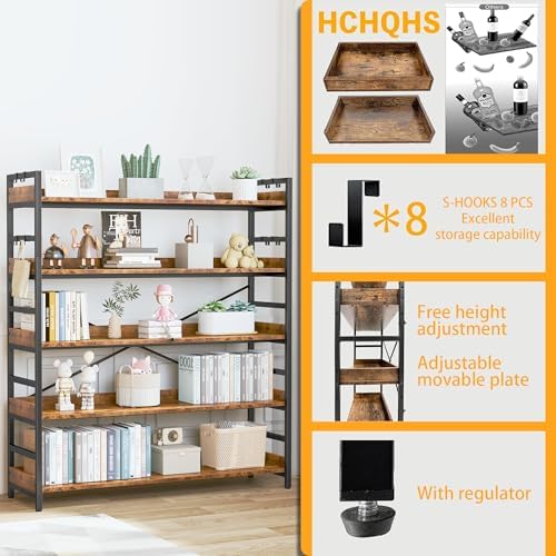 HCHQHS 5 Tier Bookshelf, Adjustable Industrial Bookcase, Vertical Tall Book Shelf, Wood and Black Metal Open Bookshelves for Home Office, Living Room, Bedroom - Image 5