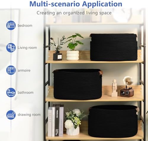 ECDYQXVU 15x10x9 Black Woven Cotton Rope Storage Basket Handles 2 Pack - Image 4