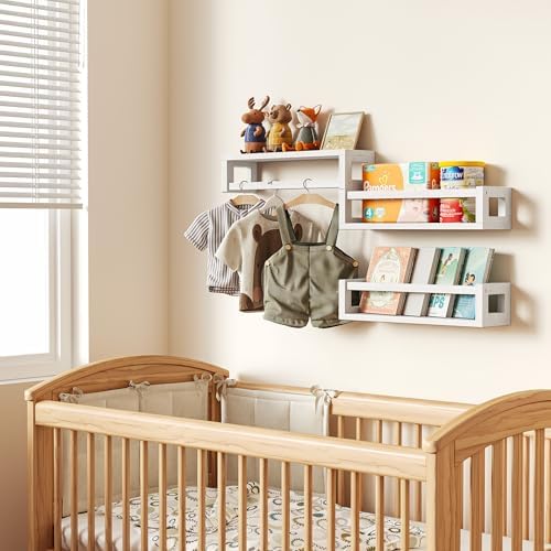 3 Pack Solid Wood Floating Shelves for Wall, Nursery Bookshelf, White - Image 5