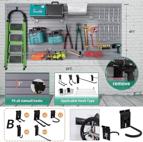FRAYSCENT Slat Wall Paneling Garage Slat Wall Storage Systems Slatwall Panels Power Tool Organizer Wall Mount, PVC Garage Storage & Organization Products Slate Board (Grey, 4ft x 8ft with 26 Hooks) - Image 2